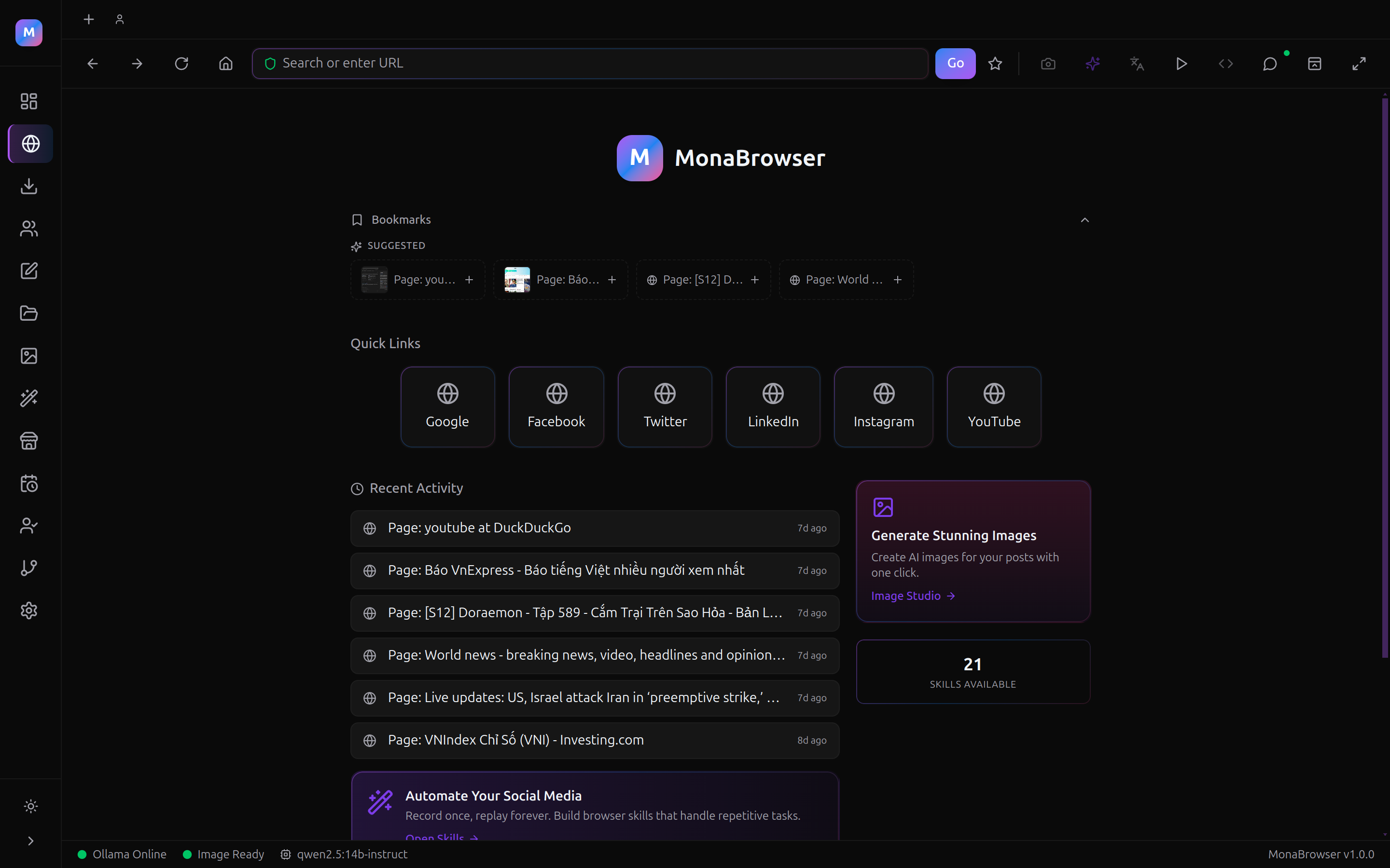 MonaBrowser Browser — multi-tab browsing with AI agent panel