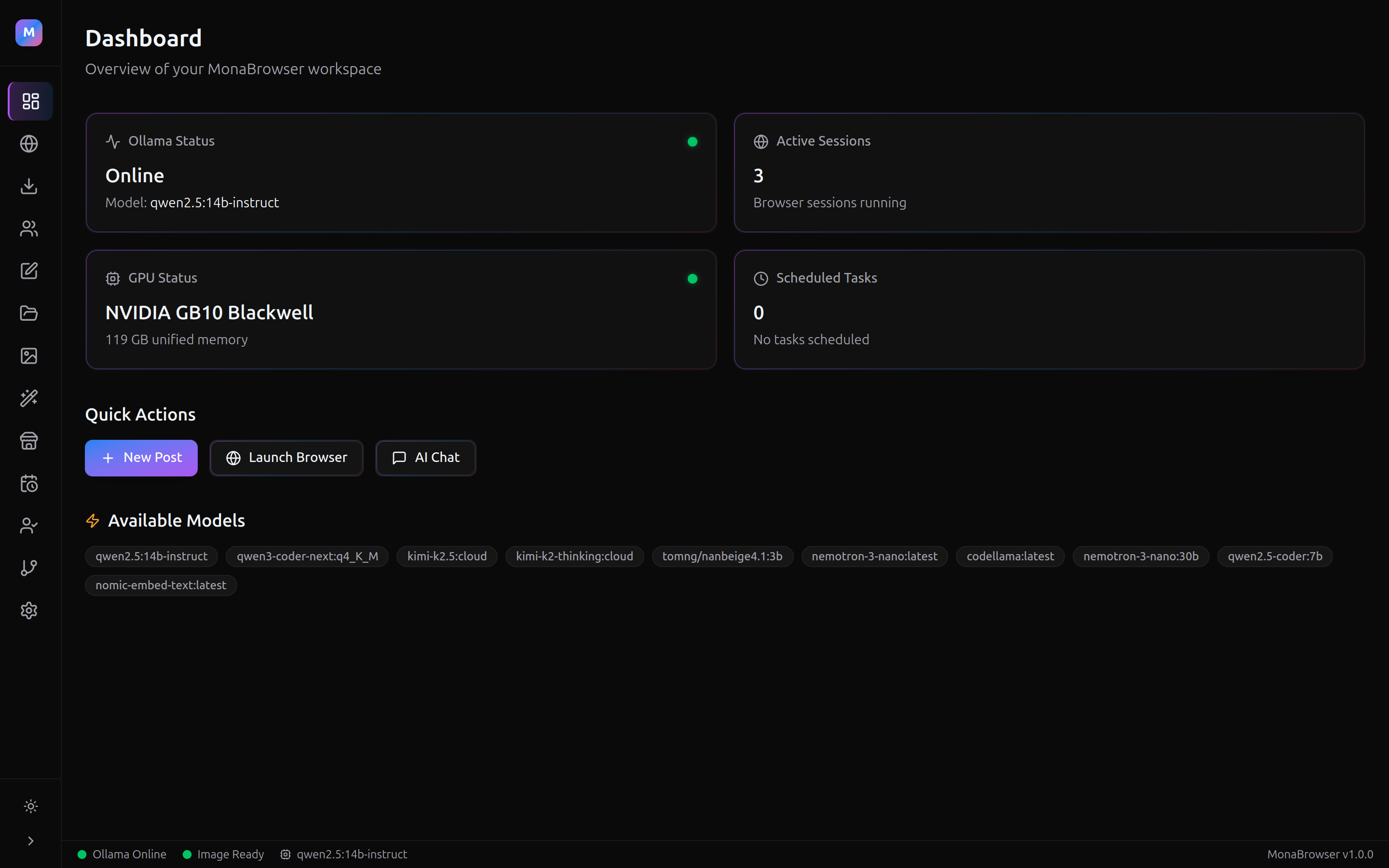 MonaBrowser Dashboard — Ollama status, GPU info, active sessions