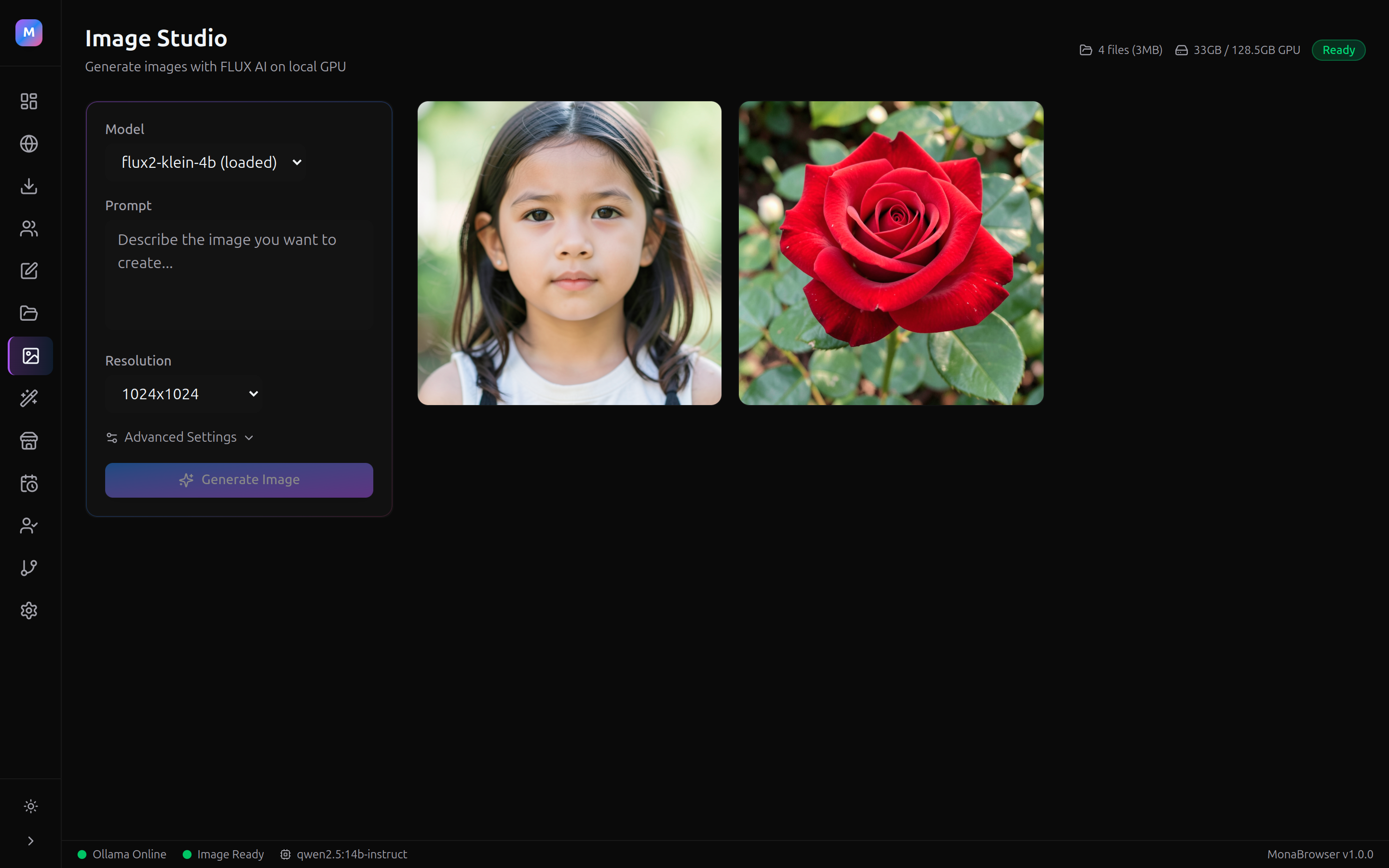 MonaBrowser Image Studio — FLUX AI image generation on local GPU