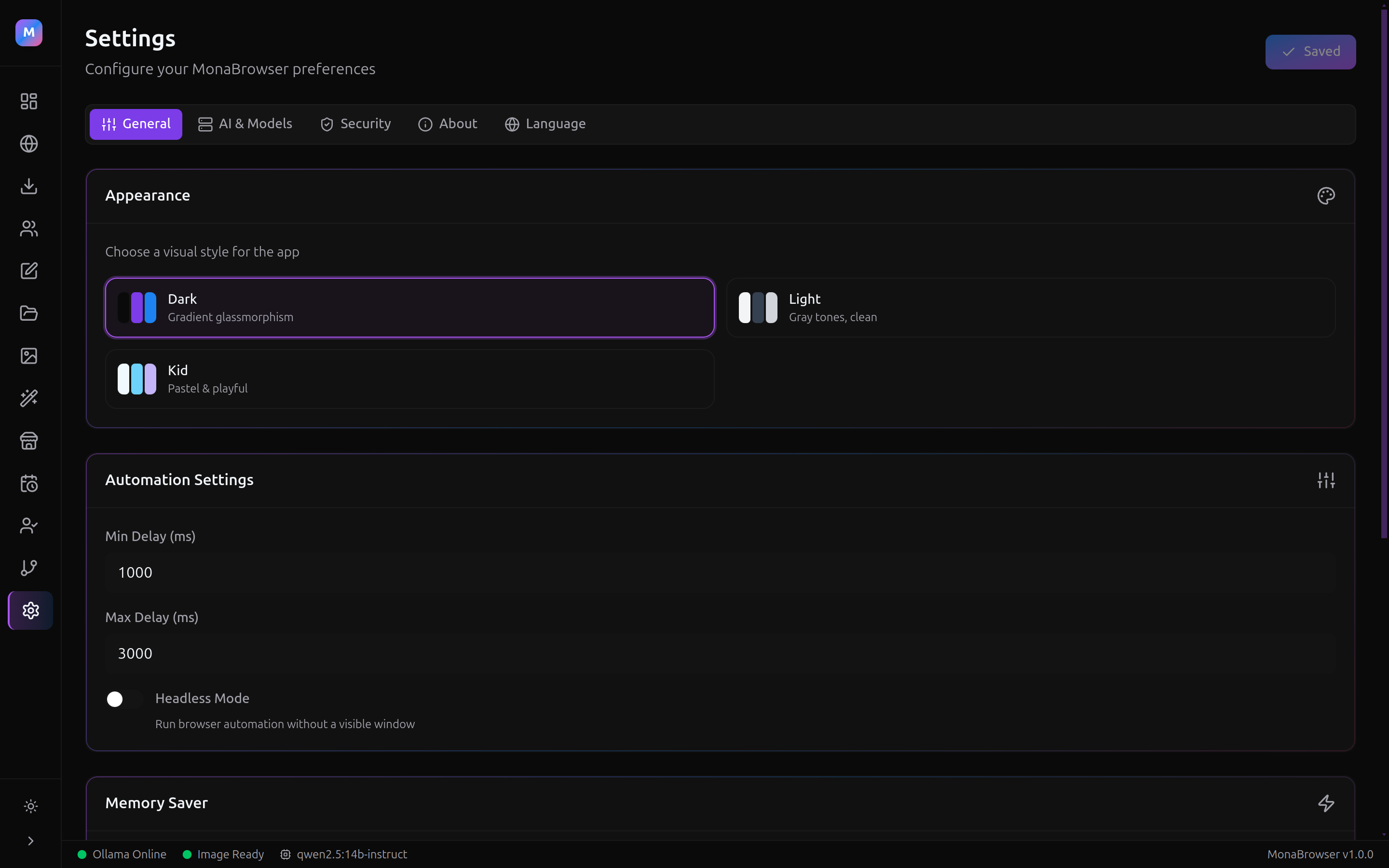 MonaBrowser Settings — theme picker, automation config, model selection