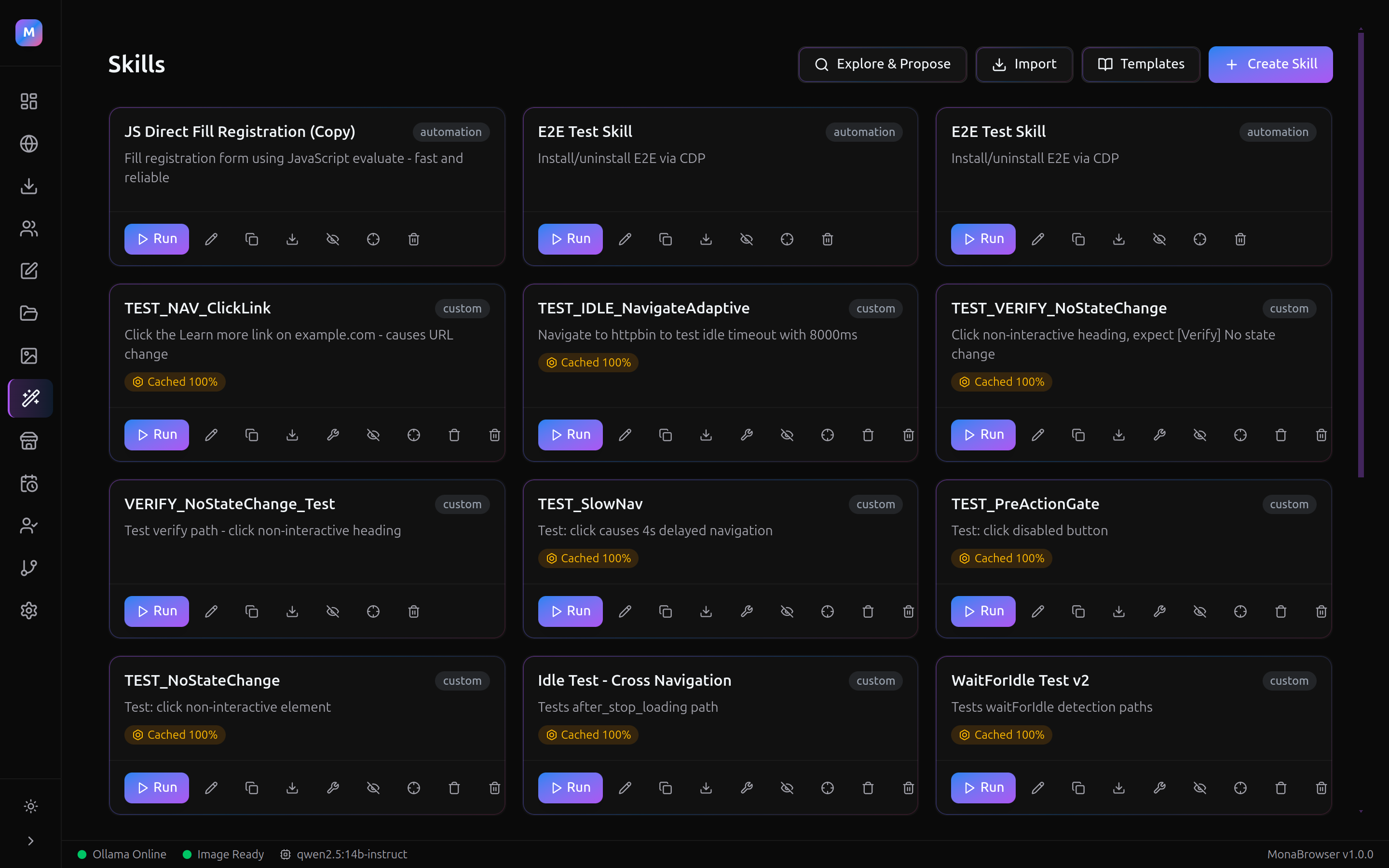 MonaBrowser Skills — automation skill cards with cached replay badges